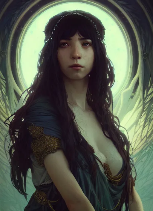 Image similar to highly detailed vfx portrait of a sorceress, unreal engine, greg rutkowski, only, once, people, makoto shinkai and louis van baerle, ilya kuvshinov, rossdraws, tom bagshaw, alphonse mucha, global lighting, detailed and complex environment