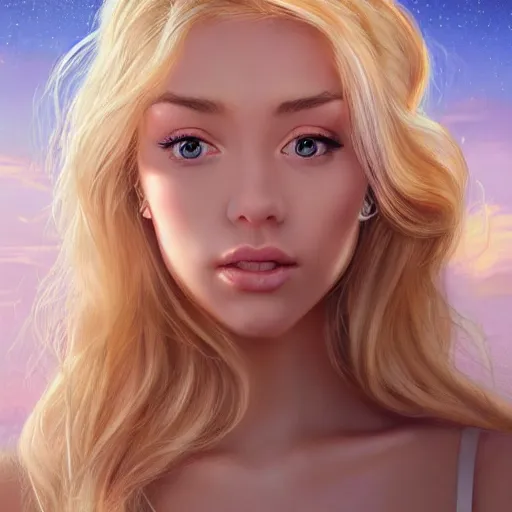 Image similar to a gorgeous female photo, professionally retouched, soft lighting, wearing sundress, illuminated by moonlight, realistic, smooth face, blonde goddess, luscious lips, perfect eyes, wide angle, sharp focus on eyes, shocked expression on her face, 8 k high definition, insanely detailed, intricate, elegant, art by artgerm and wlop