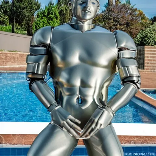 Image similar to a realistic detailed photo of a guy who is an attractive humanoid who is half robot and half humanoid, who is a male android, wrestler bo nickal, shiny skin, posing like a statue, blank stare, by the pool, on display, showing off his muscles, humanoid robot, frozen ice statue