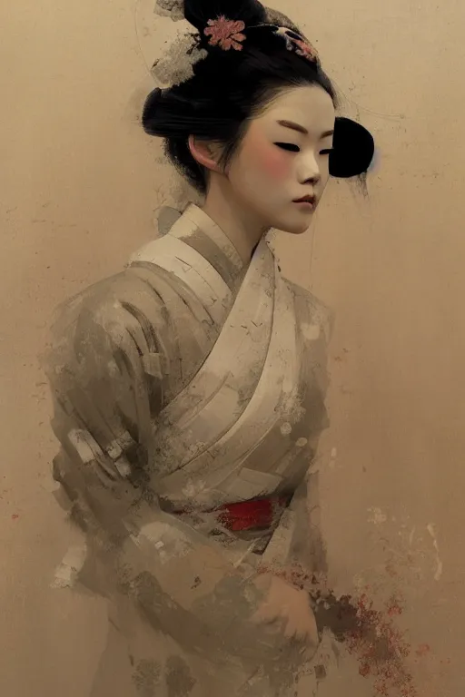 Image similar to female geisha girl, beautiful face, rule of thirds, intricate outfit, spotlight, by greg rutkowski, by jeremy mann, digital painting