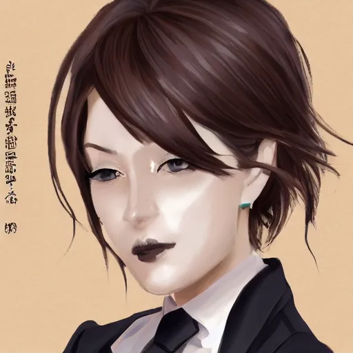 Prompt: woman in black business suit, chill, light brown neat hair, pixiv, fanbox, trending on artstation, portrait, digital art, modern, sleek, highly detailed, formal, serious, determined, lawyer, colorized, smooth, charming, pretty, safe for work