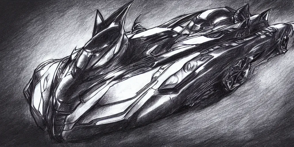 Image similar to ballpoint pen drawing of the batmobile, batman, arkham knight