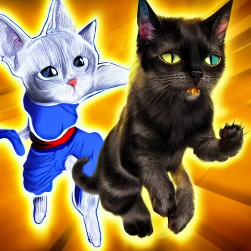 Image similar to Digital art of a cat and a dog becoming super saiyan,