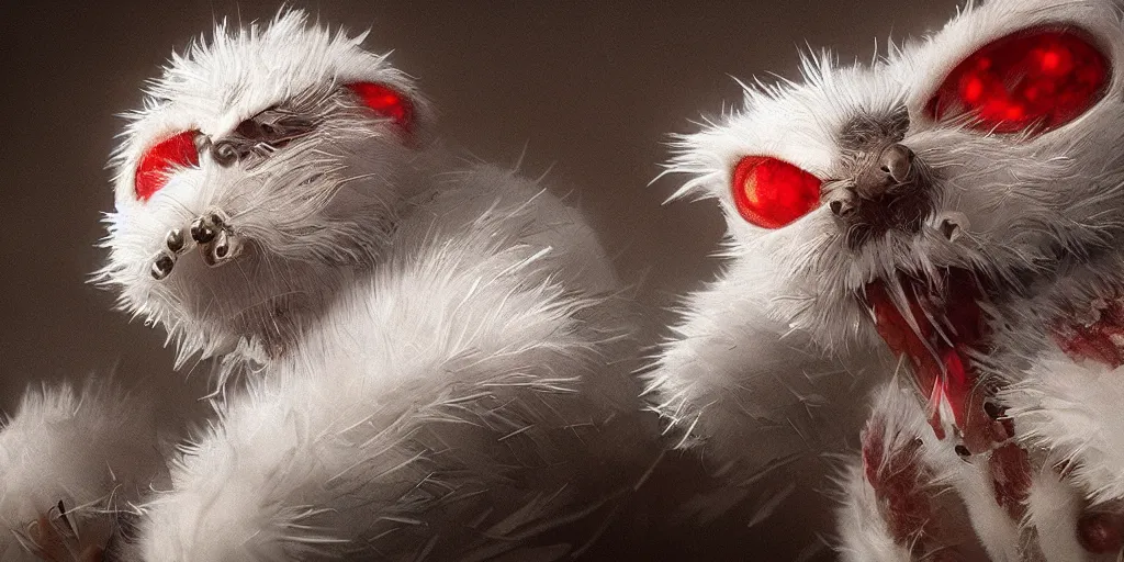 Prompt: white spider with red eyes, white background, fur, very realistic, highly detailed, hyperrealism, photo, by greg rutkowski, cinematic, dynamic lighting, octane render