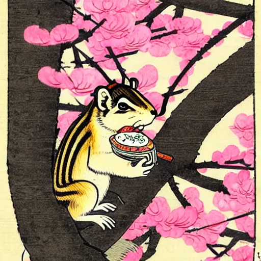 Prompt: japanese edo period woodblock print of a chipmunk eating pizza with pink blossoming cherry trees in the background, art by greg rutkowski and yoji shinkawa and akira toriyama