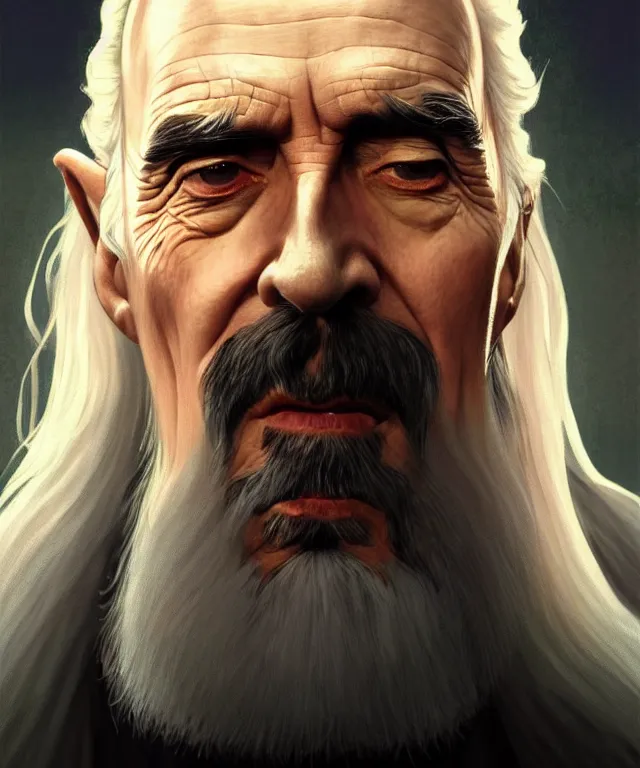 Prompt: portrait christopher lee as saruman as walter white with a bandaid across his nose, caricature, headshot, highly detailed, digital painting, artstation, concept art, sharp focus, cinematic lighting, illustration, art by met mangindaan, artgerm and greg rutkowski, alphonse mucha, cgsociety