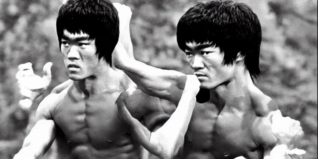 Prompt: bruce lee as hard fighting woman with gorgeous lang black hair