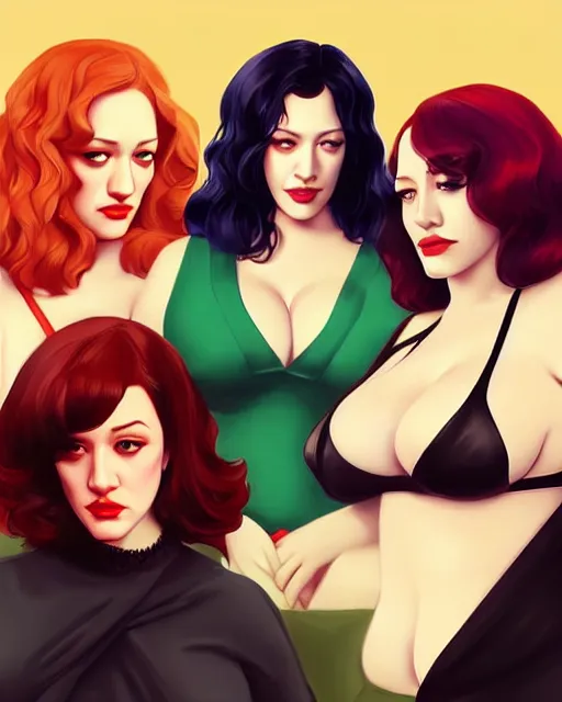 Image similar to kat dennings christina hendricks jennifer tilly, by wlop and ilya kuvshinov and artgerm