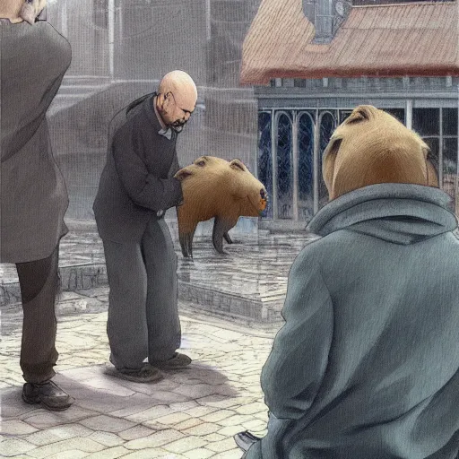 Prompt: an epic painting of vladimir lenin petting capybara, oil on canvas, anime style, makoto shinkai, animation film, beautiful detailed, photorealistic, deep focus, fantasy, intricate, elegant, highly detailed, digital painting, concept art, illustration