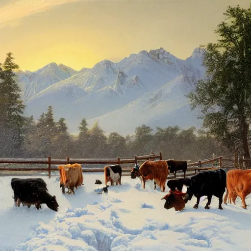 Image similar to an extremely detailed matte painting of a rancher feeding the animals at sunrise, dog, cows, sheep, chickens, ducks, 4 k, ranch the morning after a light snowfall, by bob ross and norman rockwell