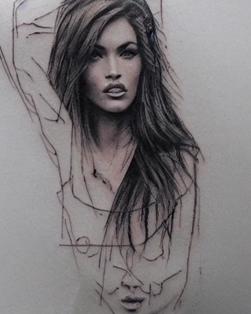 Prompt: double exposure tattoo sketch of megan fox faded with a beautiful mountain scenery, in the style of matteo pasqualin, amazing detail, sharp