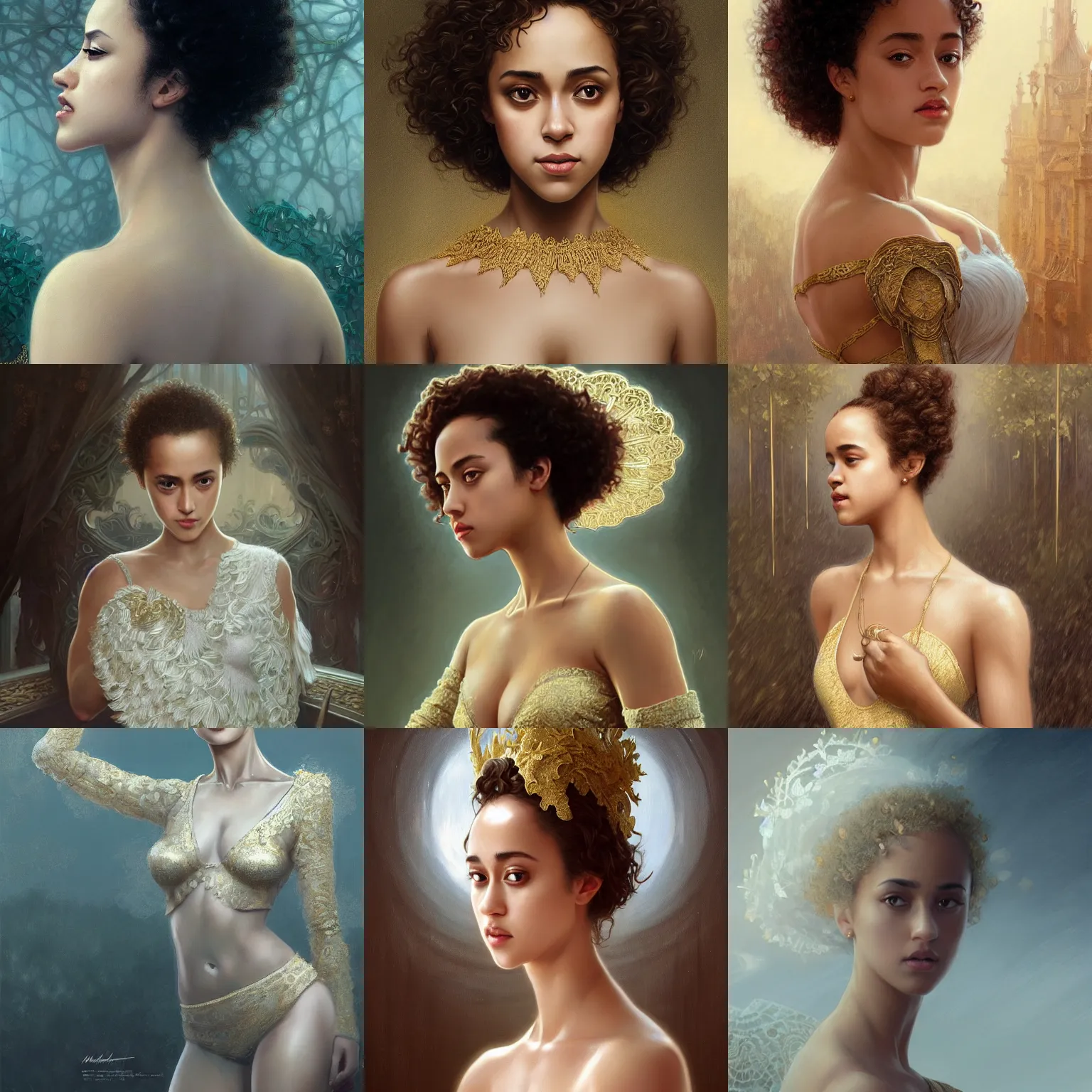 Prompt: nathalie emmanuel, white lace clothing, gold accessories, elegant, highly detailed, digital painting, matte, sharp focus, art by wlop, artgerm, greg rutkowski, alphonse mucha, frank frzetta, boris vallejo, bouguereau, beksinski, cinematic