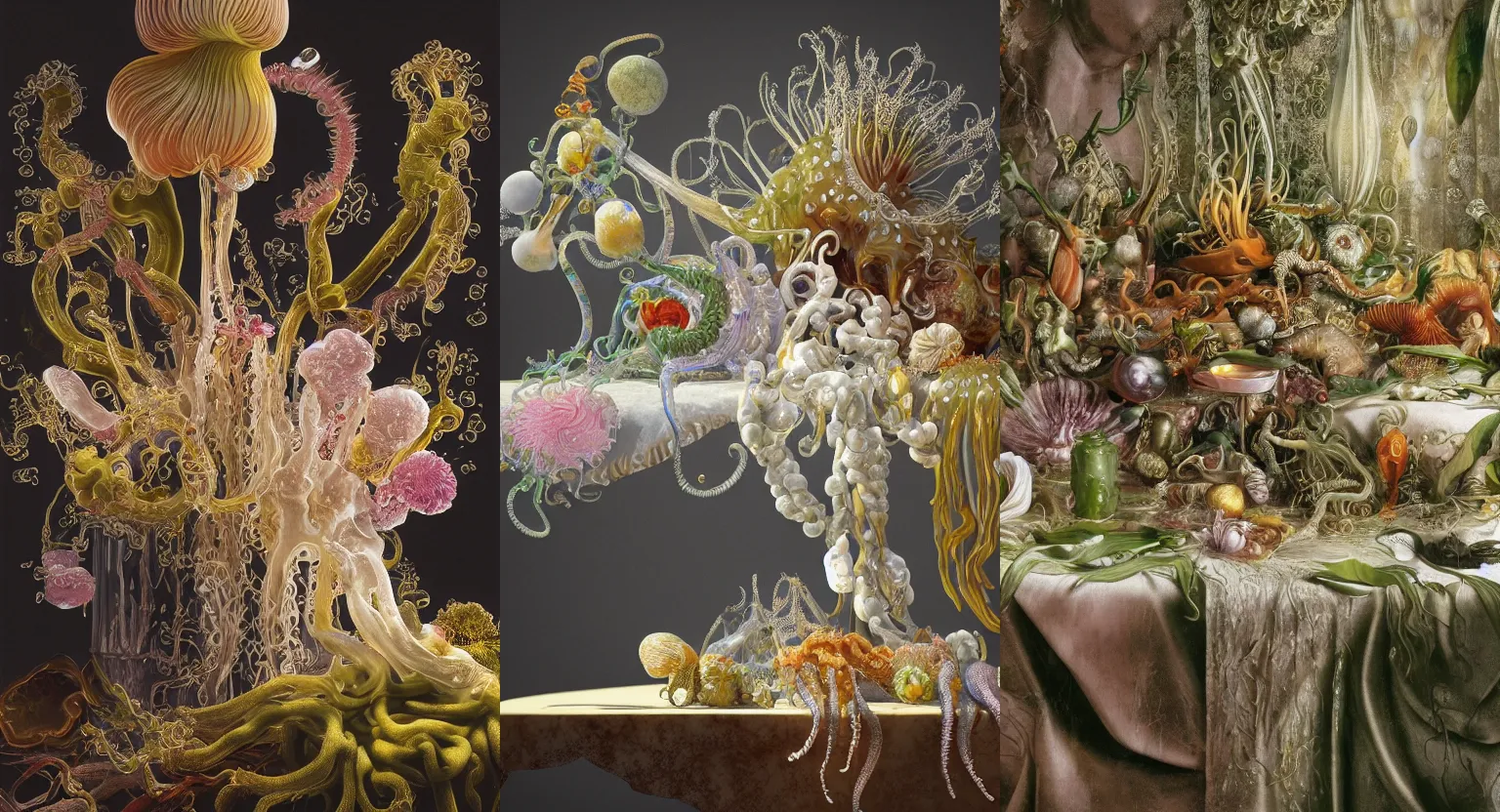 Prompt: ultradetailed photorealistic still life with jelly flowers by ernst haeckel, caravaggio, roger dean and andrei tarkovsky, beautiful drapes, vses and bust of pallas, slime and tentacles, wide angle, minimalistic cinematic composition, octane render, bokeh, unreal engine, 4k 3d render