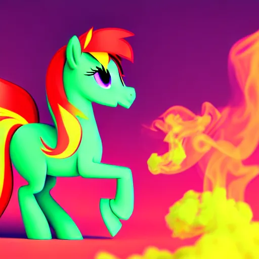 Image similar to stoner pony from my little pony, marijuana themed, art, smoke everywhere, colorful, 3 d, render, blender 3 d, soft lighting, floaty, surrounded by smoke clouds spiraling around