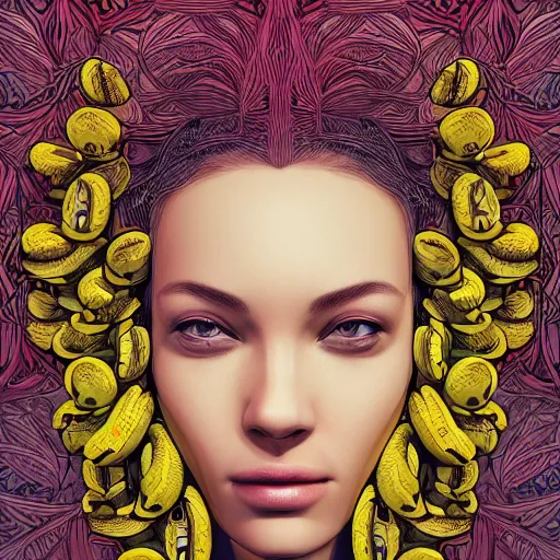 Image similar to the head of a beautiful woman partially made of bananas, an ultrafine detailed illustration by james jean, final fantasy, intricate linework, bright colors, behance contest winner, vanitas, angular, altermodern, unreal engine 5 highly rendered, global illumination, radiant light, detailed and intricate environment