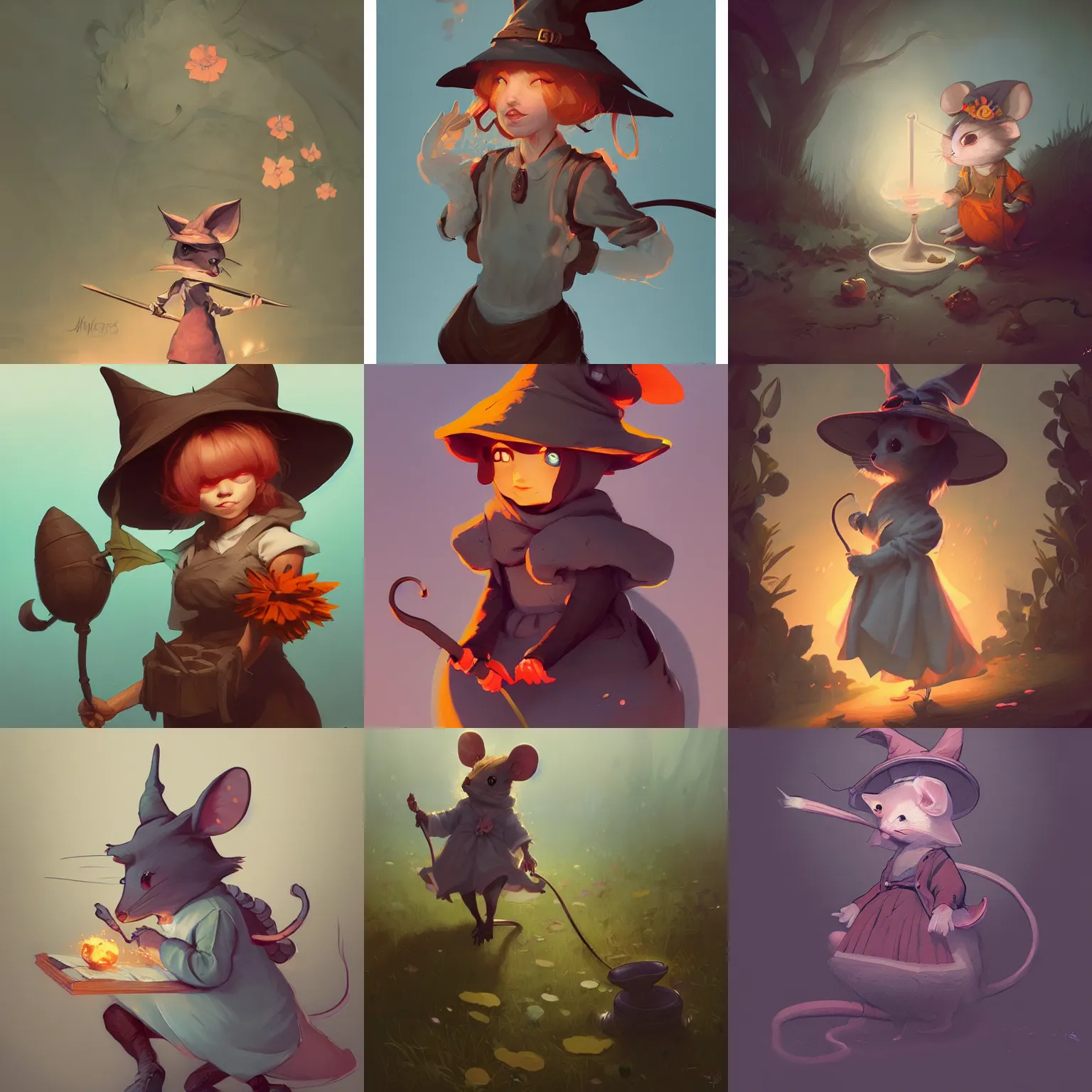 Prompt: concept art of a mouse witch, cute, cottagecore, bloom, trending on artstation, illustration by james jean, ilya kuvshinov, greg rutkowski, loish van baarle, fine details, dramatic light, magical light