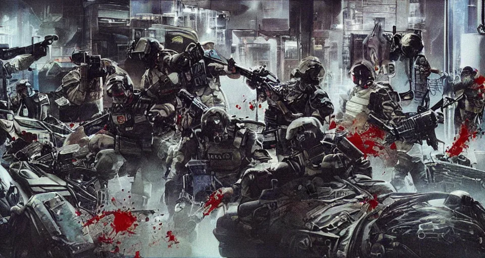 Image similar to 1996 Video Game Concept Art for Neo-tokyo Cyborg bank robbers vs police, Set inside of Office, Multiplayer set-piece Ambush, Tactical Squads :10, Police officers under heavy fire, Suppressive fire, Pinned down, Destructible Environments, Gunshots, Headshot, Bullet Holes and Anime Blood Splatter, :10 Gas Grenades, Riot Shields, MP5, AK45, MP7, P90, Chaos, Anime Machine Gun Fire, Gunplay, Shootout, :14 FLCL + Akira, Cel-Shaded:15, Created by Katsuhiro Otomo + Studio Gainax + Trending on Artstation: 20