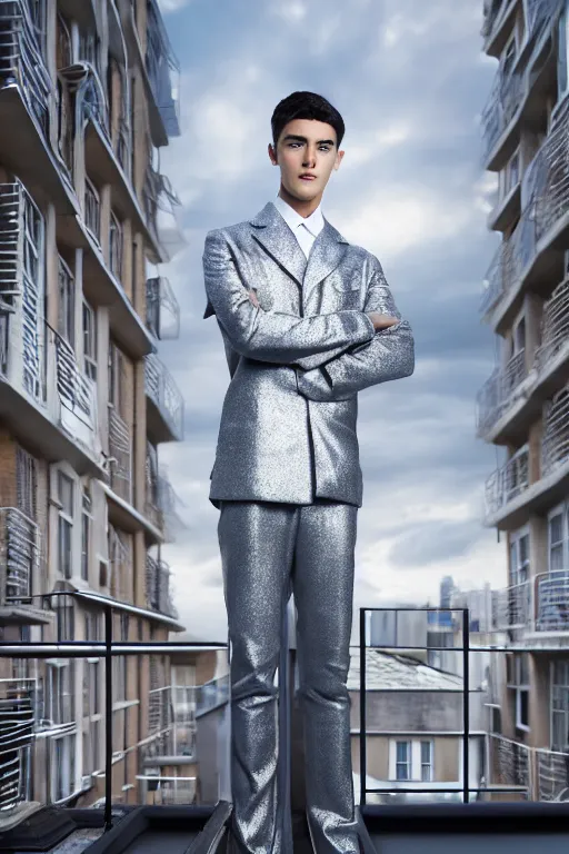 Image similar to un ultra high definition studio quality photographic art portrait of a young man standing on the rooftop of a british apartment building wearing soft padded silver pearlescent clothing. three point light. extremely detailed. golden ratio, ray tracing, volumetric light, shallow depth of field. set dressed.