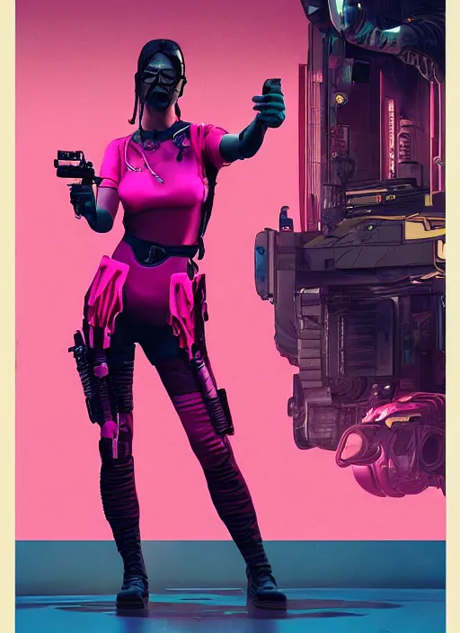 Image similar to cyberpunk woman wearing pink jumpsuit holding belt fed pistol. advertisement for pistol. cyberpunk ad poster by james gurney, azamat khairov, and alphonso mucha. artstationhq. painting with vivid color, cell shading. ( rb 6 s, cyberpunk 2 0 7 7 )