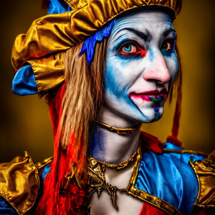 Prompt: photo of a real - life beautiful female jester warrior, 8 k, hdr, smooth, sharp focus, high resolution, award - winning photo