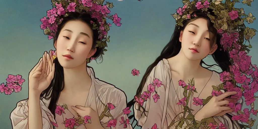 Image similar to a portrait of a very beautiful Asian young woman with giant flowers behind her head, in the style of WLOP and Alphonse Mucha and Ross Tran, with a drone flying in the air, realistic, seductive, closeup, facing the camera, dramatic lighting