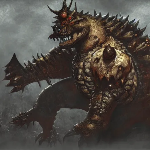 Image similar to concept art of bowser with huge horns and scales and talons in a ruined kingdom, resident evil, horror, occult, terror, mist, volumetric render, digital painting, detailed painting