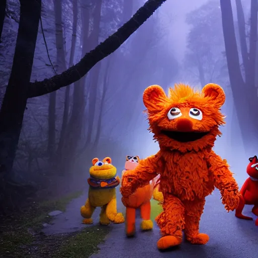 Image similar to a large orange kitsune muppet wearing a dark hooded cloak and herding a bunch of random muppet animals following behind through a dark foreboding misty blue forest, sesame street, photograph, photography, ultrarealistic, national geographic