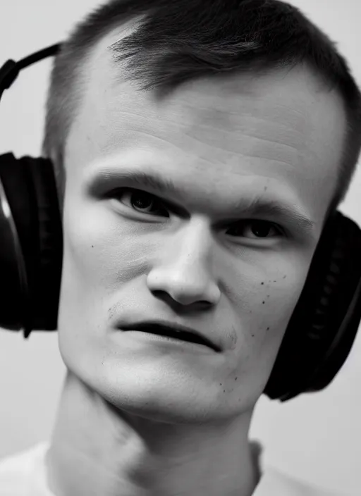 Image similar to perfect symmetric face, coherent eyes. vitalik buterin in headphones. vitalik buterin, close up, high detail, very sharp, 4 k