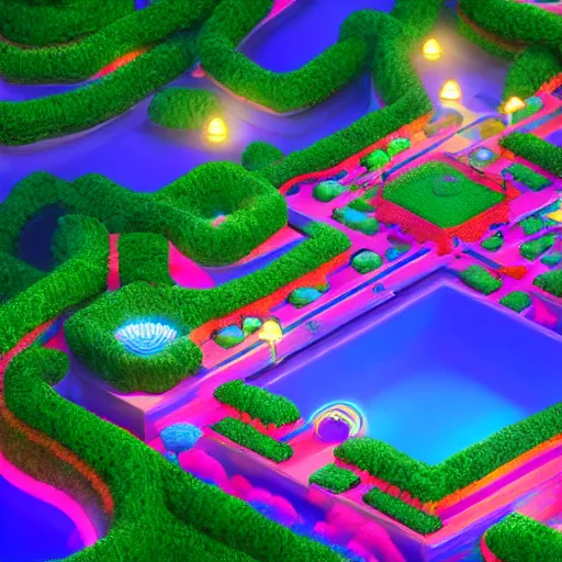 Image similar to isometric world of paradise garden on dark background, neon lights, video game, octane render, pixar style, unreal engine, dynamic light