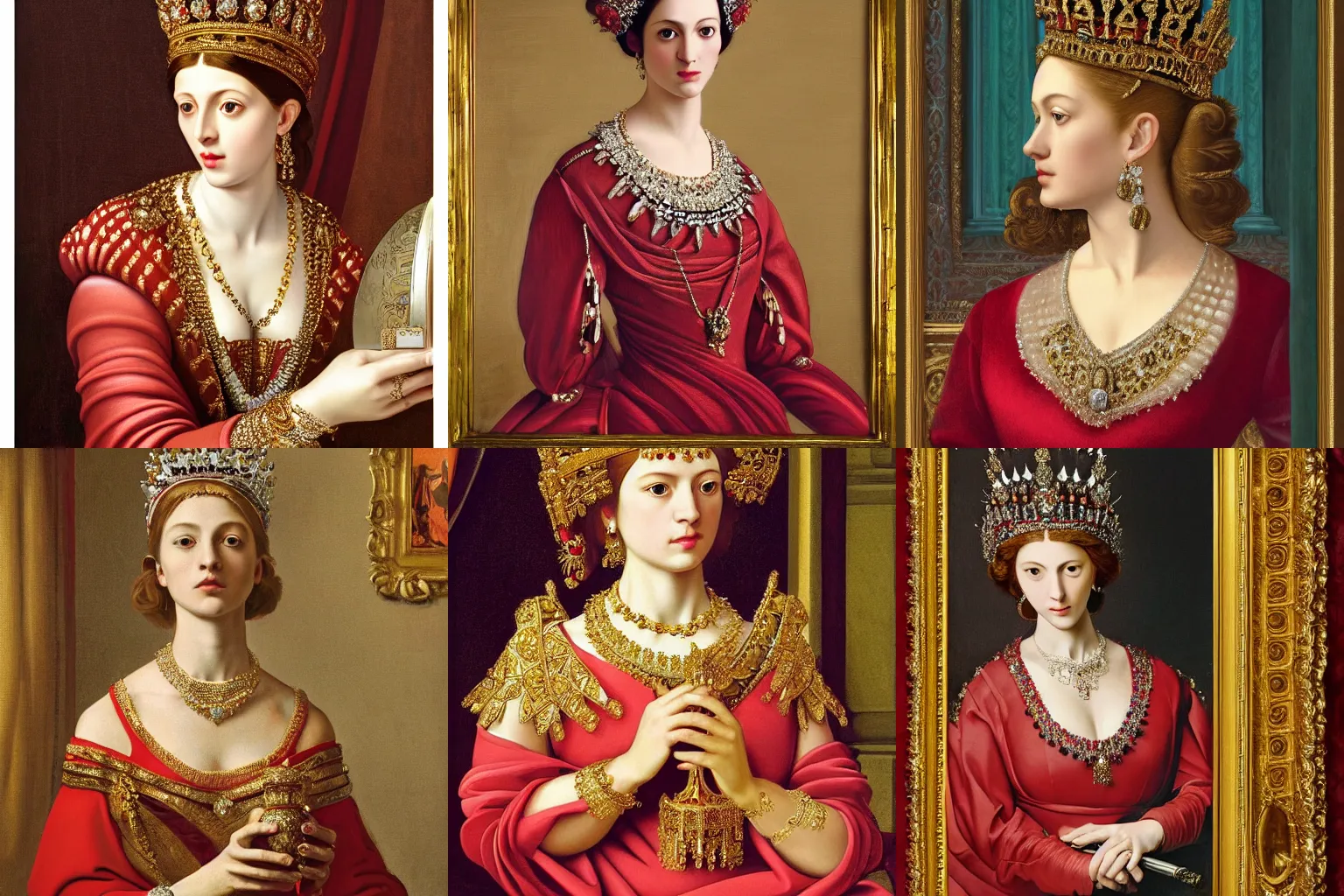 Image similar to A extremely highly detailed majestic hi-res beautiful painting of a beautiful woman wearing a long royal red silk dress, the crown jewels is on her head and she is holding a golden goblet and around her neck is a ornate golden necklace decorated with diamonds and rupees by Michelangelo Merisi da Caravaggio, high detail, hyperrealistic, photorealistic, octante render, cinematic, high textures, hyper sharp, 4k insanely detailed and intricate, hypermaximalist, 8k, hyper realistic, super detailed, 4k HDR hyper realistic high,