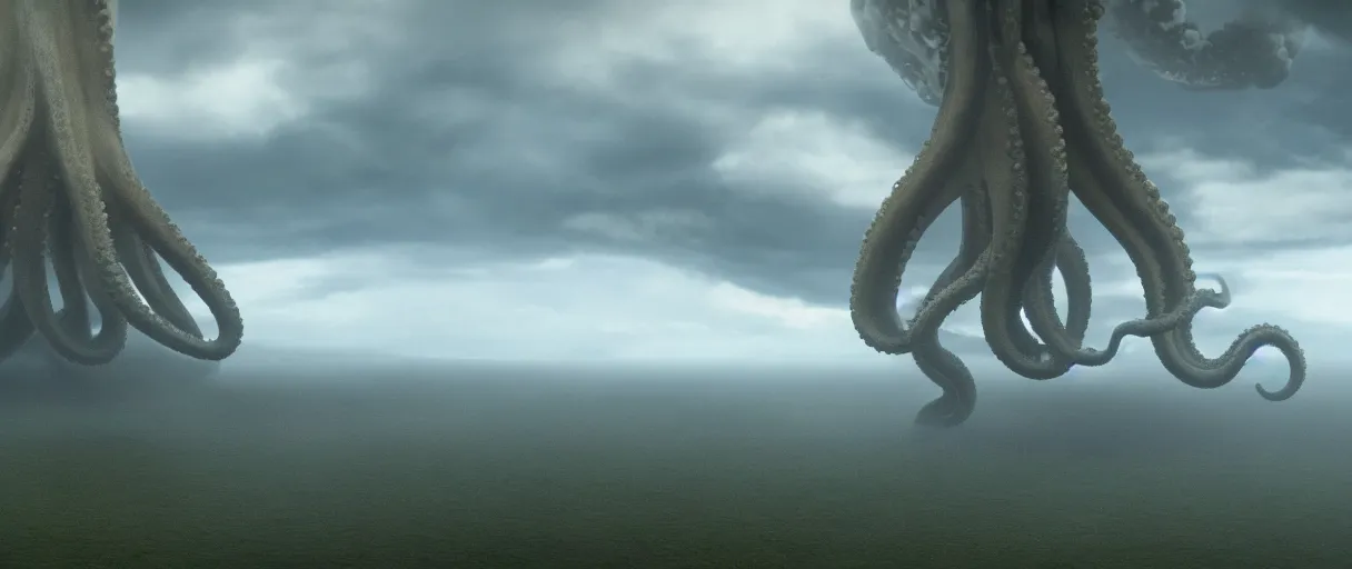 Image similar to a giant octopus tentacle hanging from the clouds over a rain forest, still from the movie the arrival, 8k