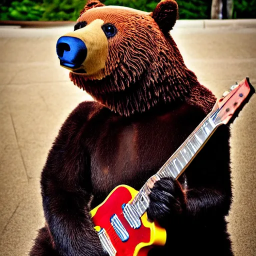 Image similar to a photograph of a bear poorly cosplaying as a bear, he is holding a guitar, vivid color, 50mm