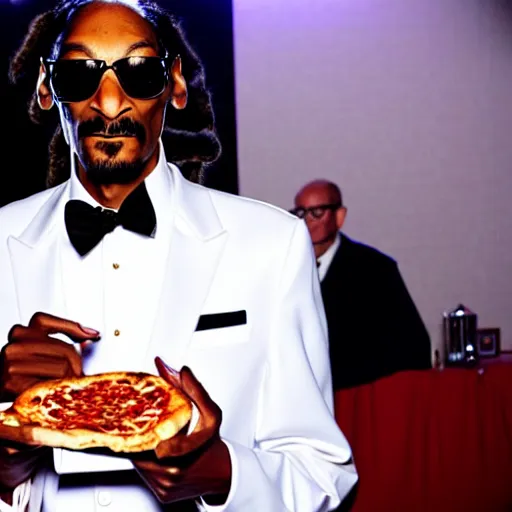 Image similar to photograph of snoop dogg in a white tuxedo eating pizza