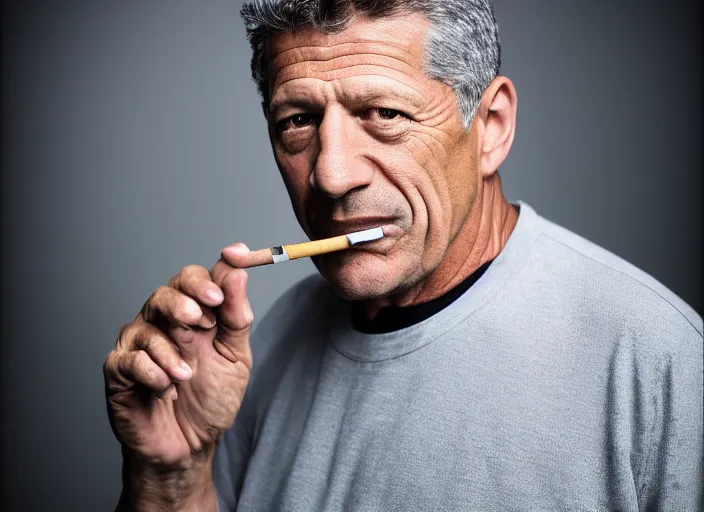 Image similar to studio portrait photo still of fred ward!!!!!!!! at age 5 3 years old 5 3 years of age!!!!!!! smoking a cigarette, 8 k, 8 5 mm f 1. 8, studio lighting, rim light, right side key light
