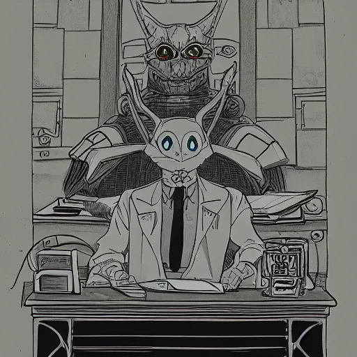 Image similar to dark lord sitting at desk, 3 / 4 view, portrait, ghibli, red demon cyberpunk symbols