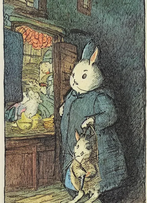 Prompt: night turning into day, illustrated by peggy fortnum and beatrix potter and sir john tenniel