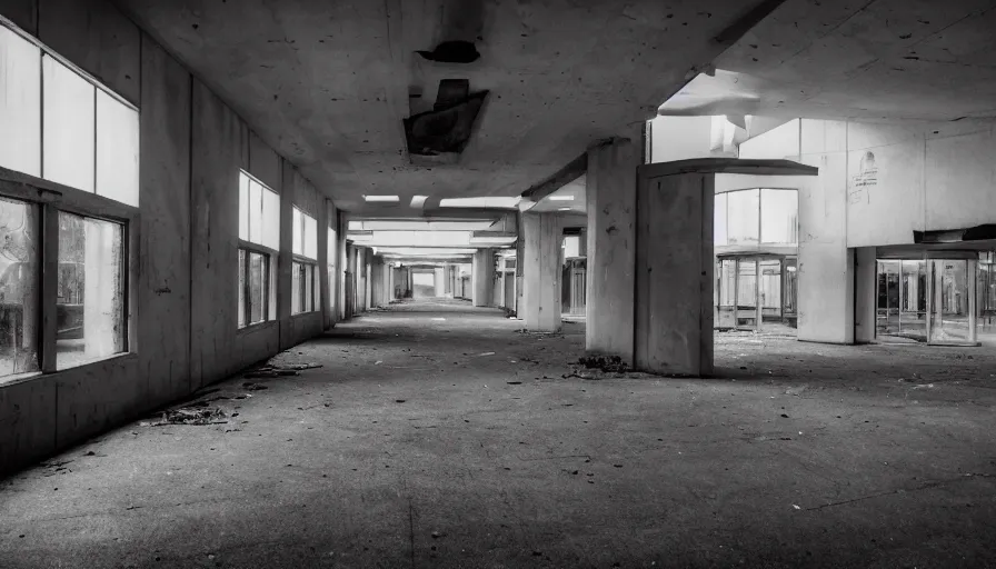 Prompt: a hooded figure standing in an abandoned mall, dark photography