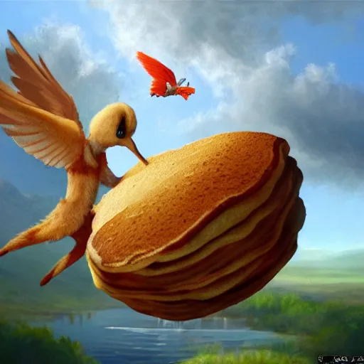 Image similar to a cartoon anthropomorphic pancake leaving the nest to fly for the first time, oil on canvas, portrait, intricate, 8k highly professionally detailed, HDR, CGsociety