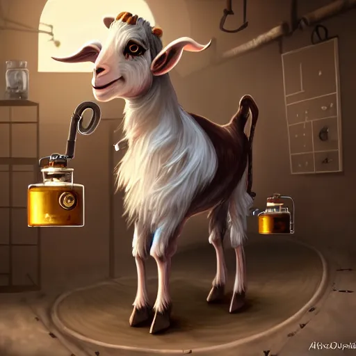 Image similar to a goat who is a mad scientist, wearing a lab coat, inventing a time machine, steampunk style, digital art, trending on artstation and unreal engine, deviantart, smooth, hyper detailed