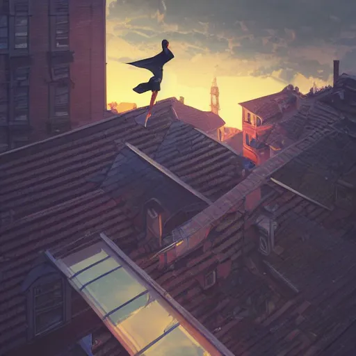 Prompt: sideways landscape photo of person jumping on the roofs, high contrast, moody sunset, late night, detailed low poly characters, by greg rutkowski, alphonse mucha, beeple, sharp focus, digital art, smooth, light refraction, pixiv art, volumetric lighting, makoto shinkai