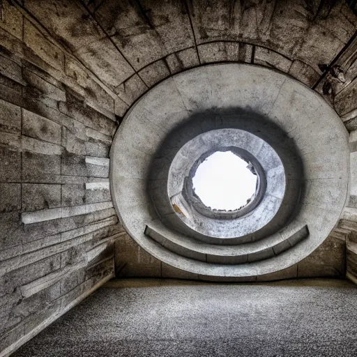 Prompt: a twisted tree growing in an abandoned brutalist bunker, in the round, skylight with light shining down, snow falling through skylight, photorealistic