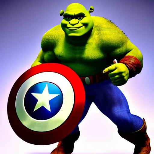 Image similar to digital painting of Shrek as Captain America, octane render, volumetric lightening, by marvel