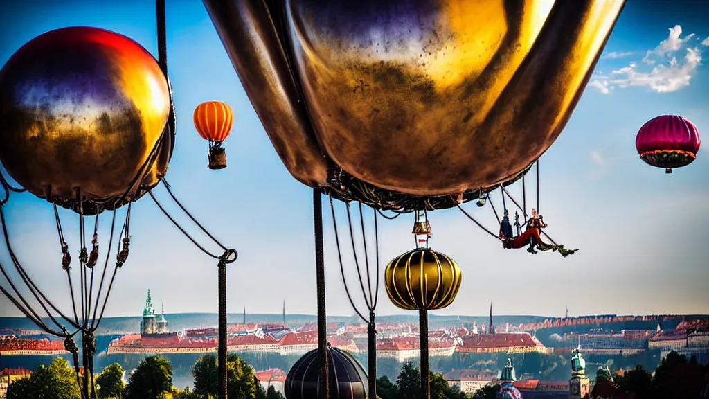 Image similar to large colorful futuristic space age metallic steampunk steam - powered balloons with pipework and electrical wiring around the outside, and people on rope swings underneath, flying high over the beautiful prague city landscape, professional photography, 8 0 mm telephoto lens, realistic, detailed, photorealistic, photojournalism