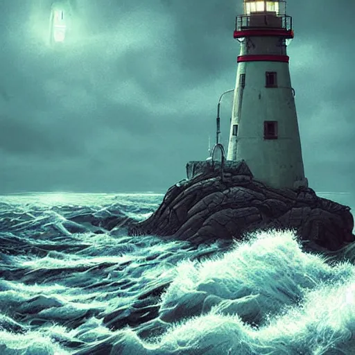 Image similar to lighthouse in a stormy sea, mechanic, robotic, abandoned, overgrown, cables, moody, realistic, concept art by simon stalenhag