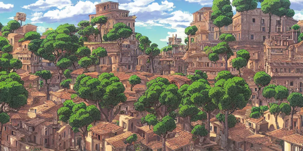 Image similar to studio Ghibli style background animatuon manga matte painting of Rome. Roads. Monuments. 4k quality. Sunny day. Bloom