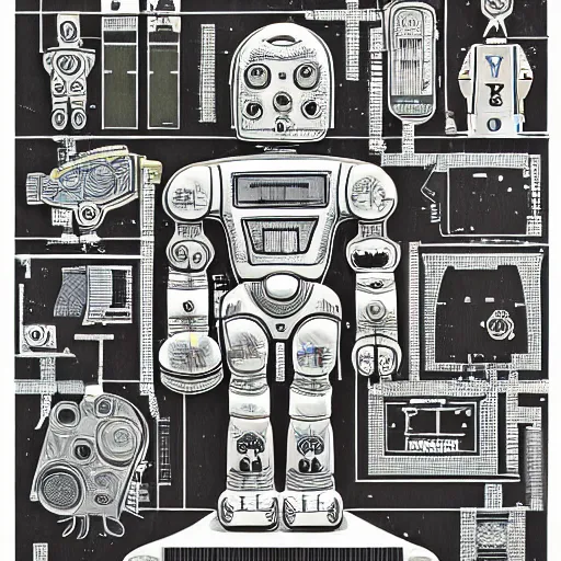 Image similar to a diagram of a robot body with various parts, cyberpunk art by eduardo paolozzi, behance contest winner, computer art, greeble, steampunk, poster art, james turrell, post it note art, optical illusion art, joseph stella, andy warhol, venus of willendorf, vintage robot, robot illustration