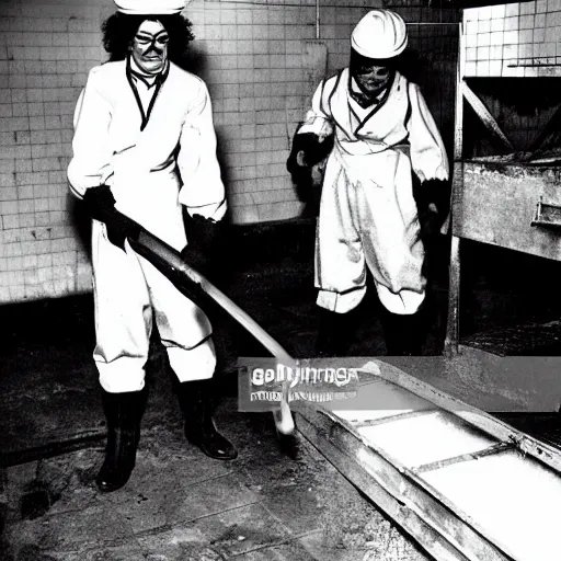 Image similar to ronald mcdonald working in a slaughterhouse.