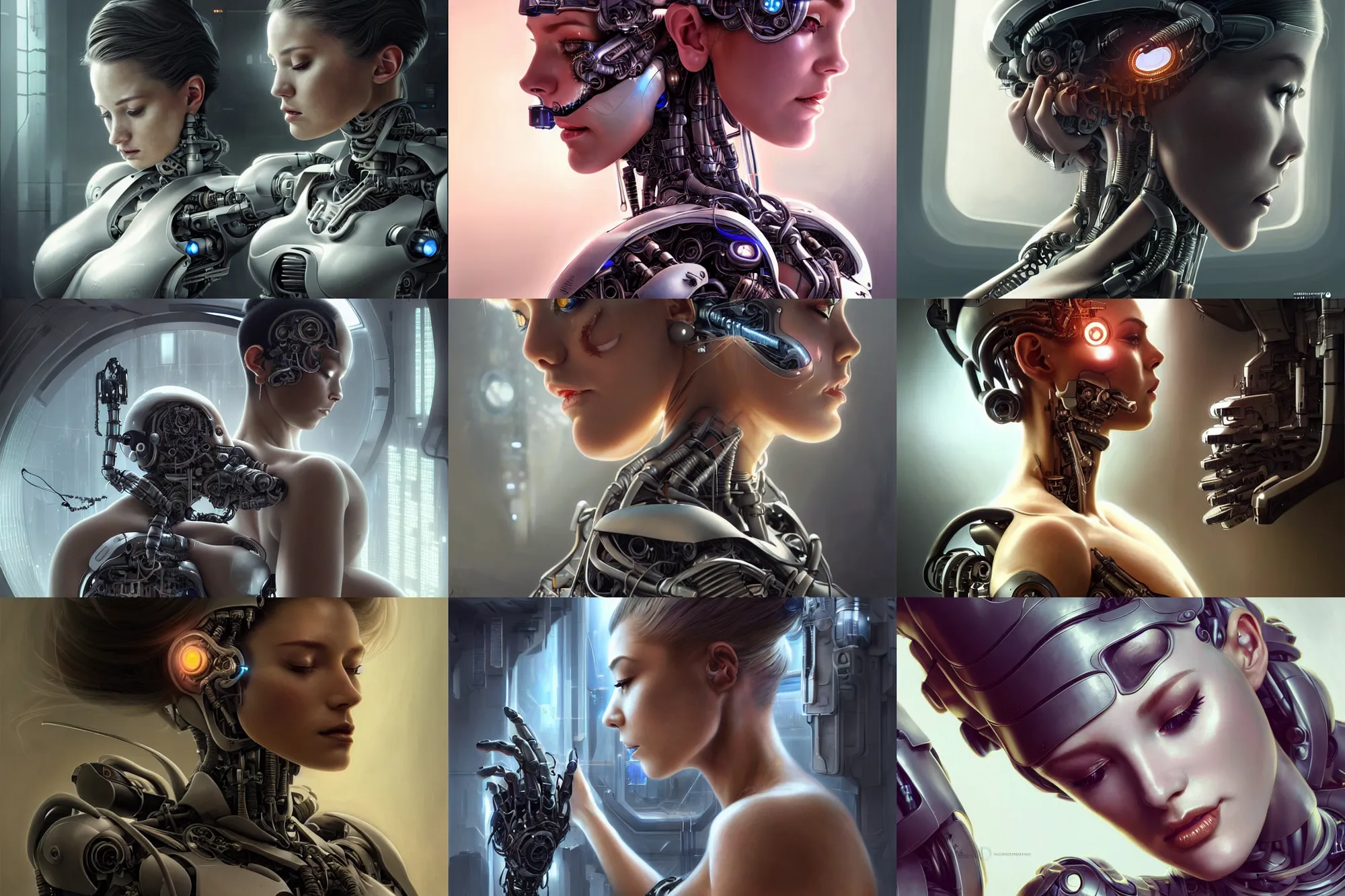 Prompt: Ultra realistic illustration, incredibly beautiful damaged female cyborg being repaired in a futuristic super advanced military medical bay, beautiful face, voluptuous body, cyberpunk, sci-fi, fantasy, intricate, elegant, highly detailed, digital painting, artstation, concept art, smooth, sharp focus, illustration, dramatic lighting, art by artgerm and greg rutkowski and alphonse mucha and Rick Wade Art