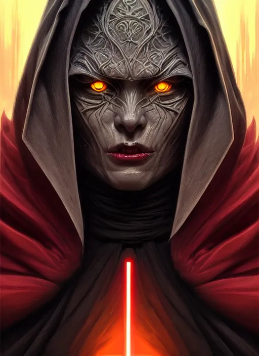 Image similar to portrait of an evil sith-lord, human face, evil yellow eyes, enraged, angry, dark evil robes, intricate, elegant, highly detailed, digital painting, artstation, concept art, smooth, sharp focus, illustration, art by artgerm and greg rutkowski and alphonse mucha