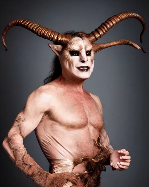 Prompt: actor Ozzy Osborne in Elaborate Pan Satyr Goat Man Makeup and prosthetics designed by Rick Baker, Hyperreal, Head Shots Photographed in the Style of Annie Leibovitz, Studio Lighting